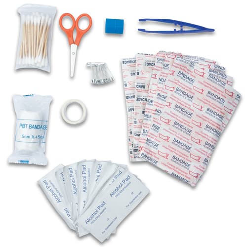 Full image showing the medical supplies included in the Survival Kit.