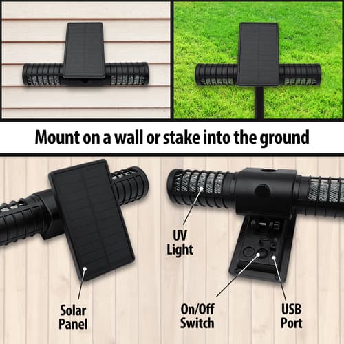 Full images of Mosquito Killer with mount and stake breaking down features.