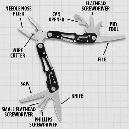 A plier multi-tool is shown with all of its tools.