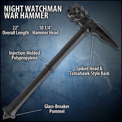 The war hammer has a solid, one-piece injection-molded polypropylene construction and features deterrent spikes