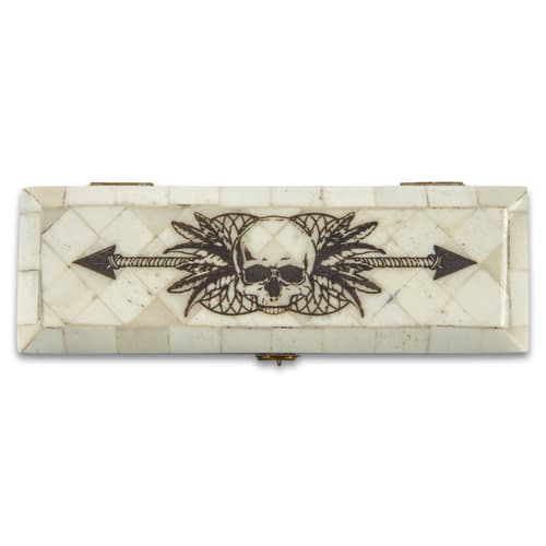 Skull And Arrow Bone Box - Genuine Bone, Brass Hinged Lid, Etched Design, Felt Lined Interior And Bottom - Dimensions 7” x 2 3/8” x 1/2"
