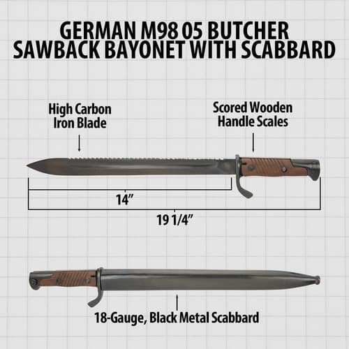 Diagram of German M98 05 bayonet with measurements