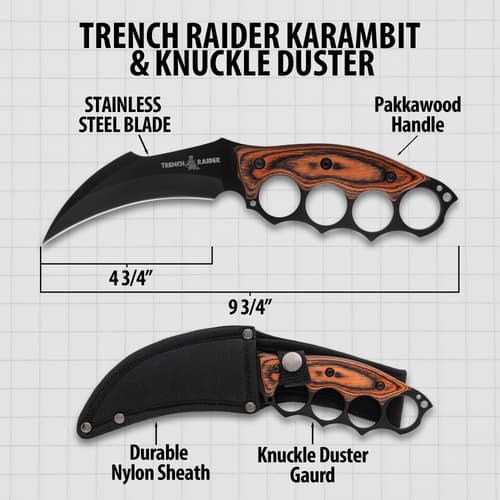 Diagram of Trench Raider Karambit with measurements and features