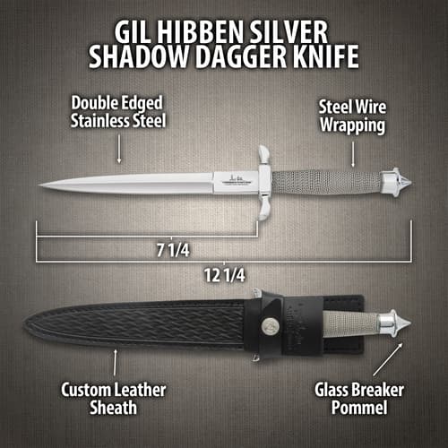 Angled view of mirror polished double-edged dagger with wire-wrapped hilt and "Gil Hibben" etching.