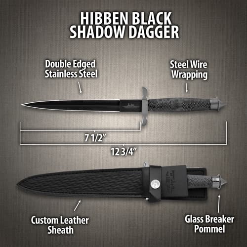 The dagger has a black, wire-wrapped hilt and features a shiny, black chrome guard and skullcrusher pommel