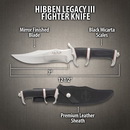 Mirror polished fighter knife with a black micarta handle with red accents and various curved edges.