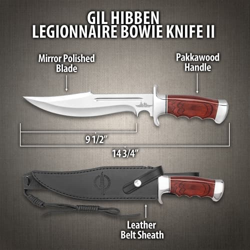 Gil Hibben Legionnaire Bowie Knife II With Leather Belt Sheath - 7Cr17 Stainless Steel Blade, Dark Brown Pakkawood Handle, Stainless Steel Guard And Pommel