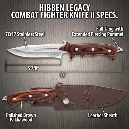 United Cutlery Hibben Legacy Combat Fighter Knife II With Leather Sheath - 7Cr17 Stainless Steel Blade, Brown Pakkawood Handle, Trigger Finger Grip