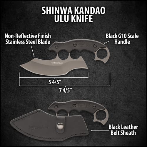 It has a full-tang, 5 4/5” 3Cr13 stainless steel blade with a non-reflective finish and finger ring holes and an open-ring pommel