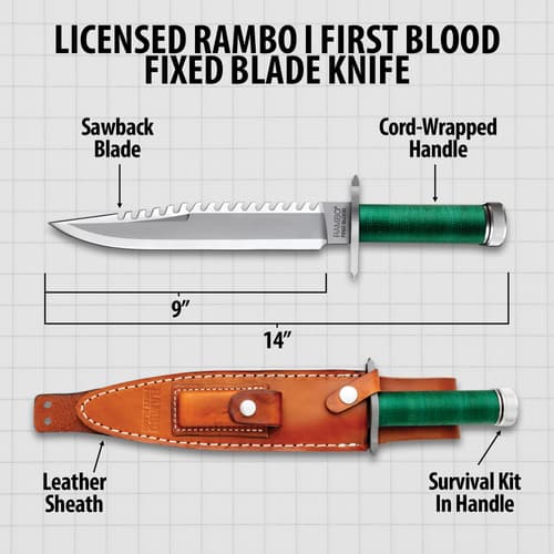 Rambo First Blood Licensed Rambo Knife Diagram 9 inch. Handle green cord, Brown leather Sheath