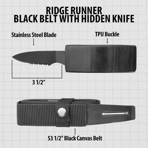 Diagram of black belt with hidden knife, labeled parts