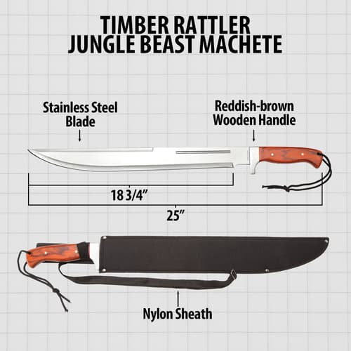 Diagram of machete with dimensions and sheath details