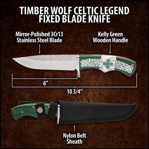 The Kelly green wooden handle scales are secured to the full-tang blade with brass pins and the handle has a lanyard hole
