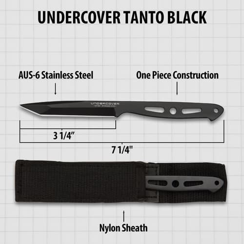 Diagram of black tanto knife with measurements and sheath