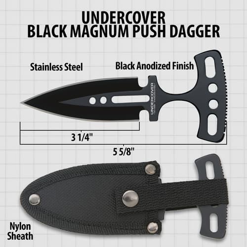 Diagram of black push dagger with measurements