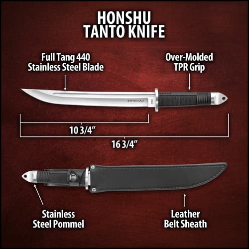 United Cutlery Honshu Tanto Knife And Leather Sheath - Stainless Steel Blade, TPR Handle, Stainless Steel Guard And Pommel