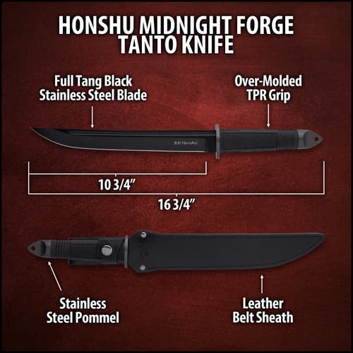 United Cutlery Honshu Midnight Forge Tanto - Stainless Steel, Black Blade, TPR Handle, Steel Guard And Pommel