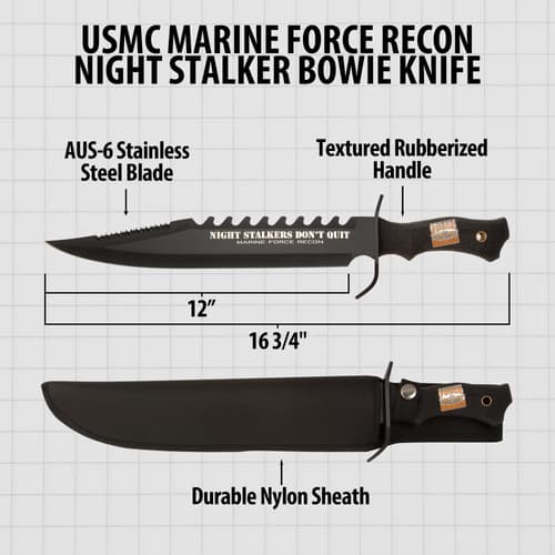 This knife has a double-serrated sawback stainless steel blade with black coating and textured black handle.