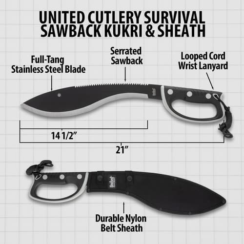Diagram of kukri machete with measurements and features