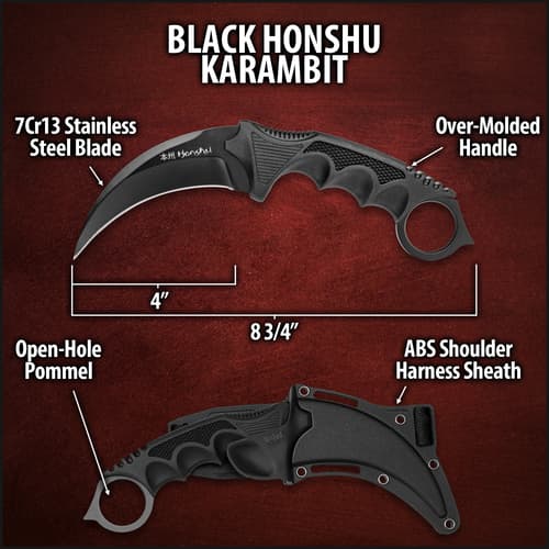 United Cutlery Black Honshu Karambit With Shoulder Harness Sheath - 7Cr13 Stainless Steel Blade, Over-Molded Handle - Length 8 3/4”