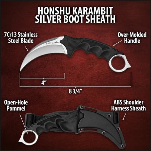 United Cutlery Silver Honshu Karambit With Shoulder Harness Sheath - 7Cr13 Stainless Steel Blade, Over-molded Handle - Length 8 3/4”