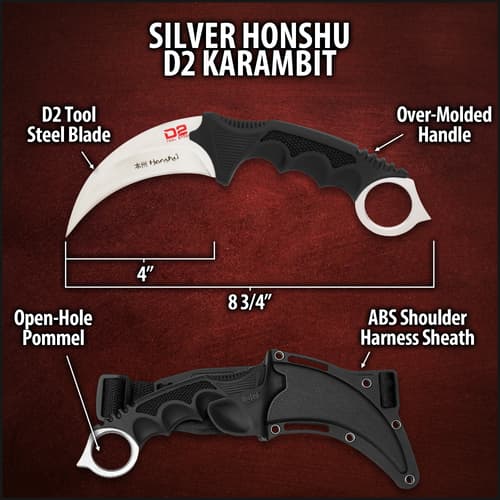 The 4” karambit has a razor-sharp, D2 tool steel curved blade with a penetrating point and the handle is grippy, over-molded TPU with the classic finger-ring pommel