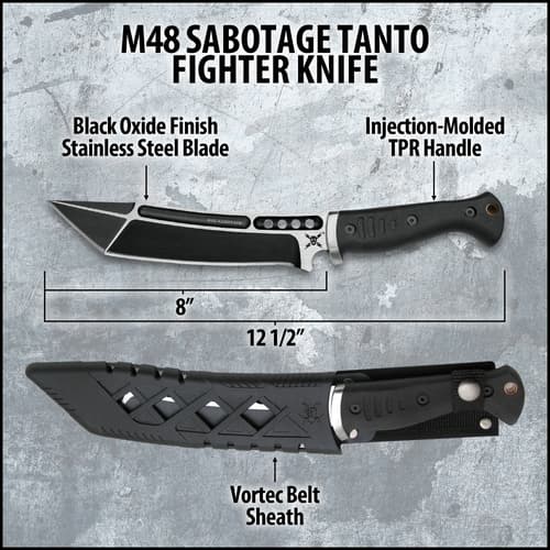 The knife’s black stainless steel blade is shown sliced into the side of a tree.