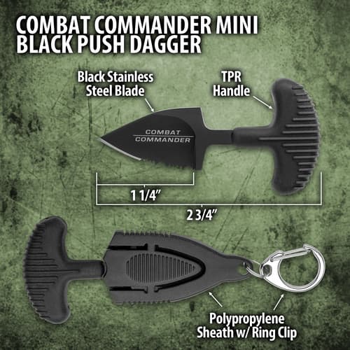 Combat Commander Mini Black Push Dagger - Sheath Has Keyring And Clip - Serrated Blade - 2 3/4” Length