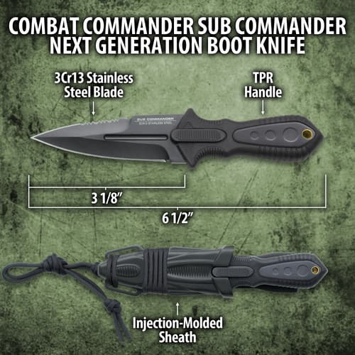 Combat Commander Sub Commander Next Generation Boot Knife - 3Cr13 Stainless Steel Blade, Brass Lanyard Hole - Length 6 1/2”