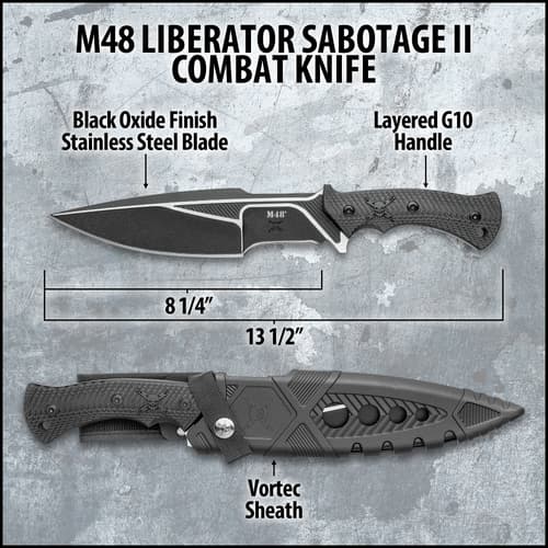 M48 Liberator Sabotage II Combat Knife With Sheath - Cast Stainless Steel, Black Oxide Coating, Layered G10 Handle - Length 13 1/2”