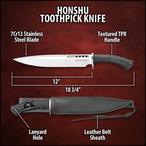 Honshu Boshin Toothpick Knife With Sheath - 7Cr13 Stainless Steel Blade, Contoured TPR Handle, Lanyard Hole - Length 18 3/4”