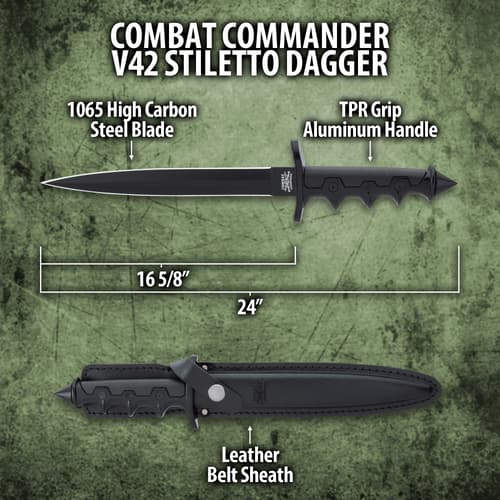 This dagger has an 8 1/8” 1065 carbon steel blade and cast aluminum handle with black powder coating and no-slip TPR grip inserts.