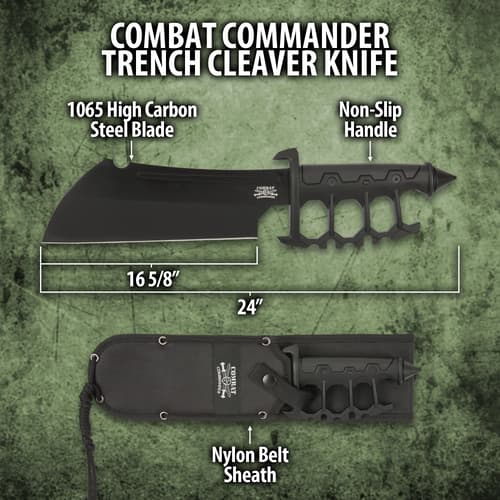 The trench knife handle is of cast metal with black, no-slip rubberized grip inserts and it features a skull crusher pommel