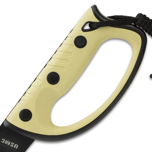 The desert tan, rubberized injection-molded handle provides secure grip and is in the saber style
