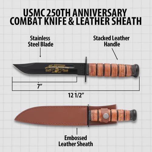 Diagram of USMC knife with dimensions and features labeled