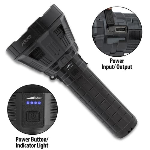 Multiple close up images of power input/output and power button/indicator light of the Bright LED Spotlight Flashlight.