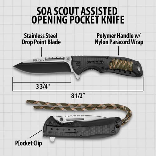 SOA Scout Assisted Opening Pocket Knife - Black with Camo Paracord Wrapping