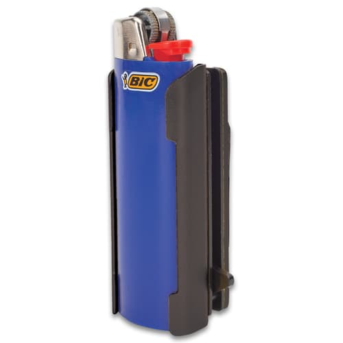 Blue "BIC" lighter partially enclosed in a matte black aluminum caddy containing a pocket knife.