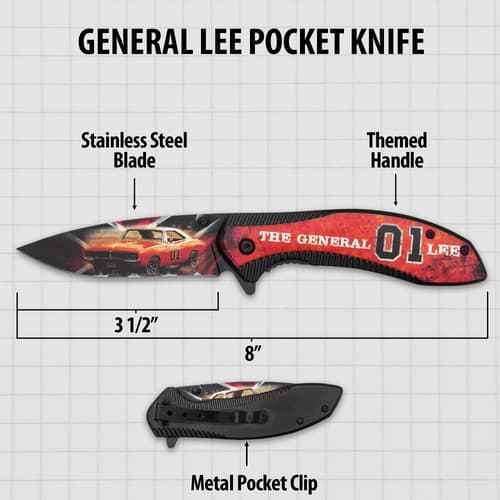 General Lee pocket knife with themed design and dimensions