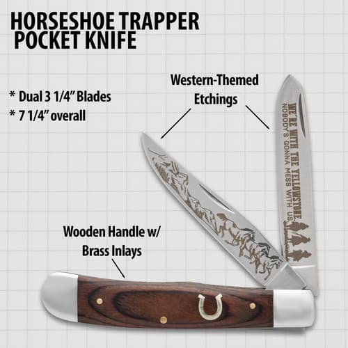 Horseshoe trapper pocket knife with dual blades, western-themed etchings, and wooden handle with brass inlays
