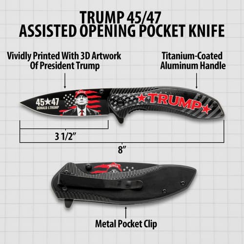 Diagram of Trump-themed pocket knife with measurements