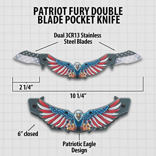 Diagram of double blade pocket knife with eagle design