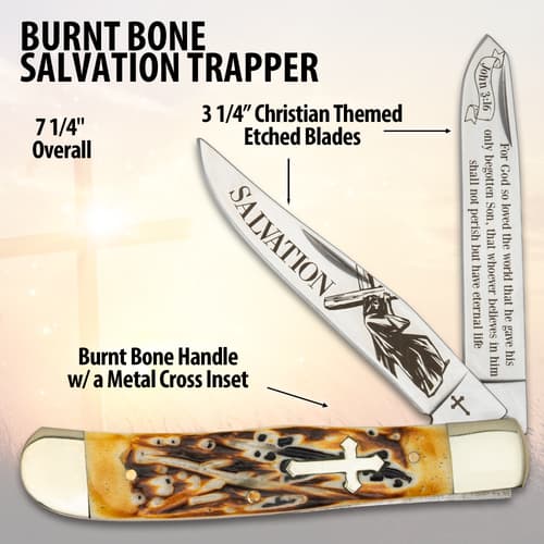 Diagram of pocket knife with Christian-themed blades