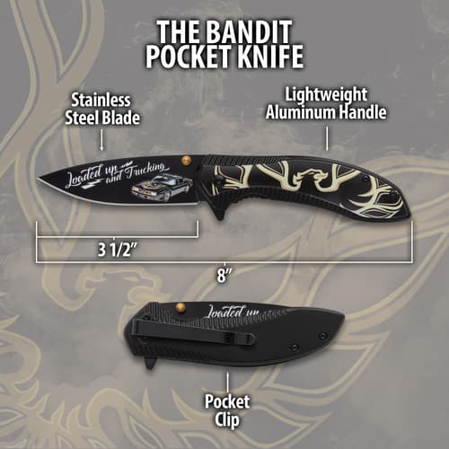 Diagram of 'The Bandit' pocket knife with dimensions and features