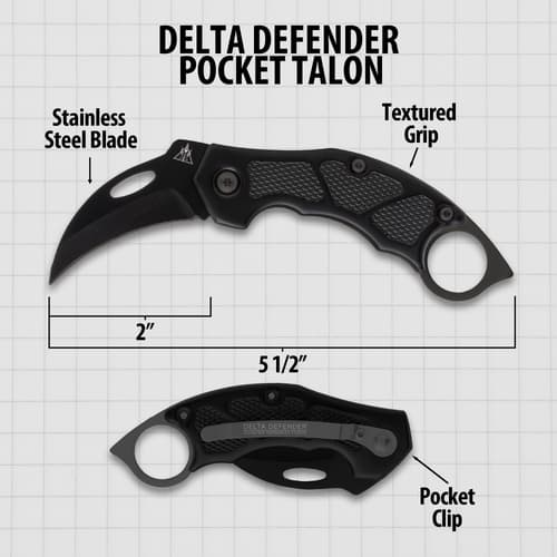 Delta Defender Pocket Talon knife with measurements and features
