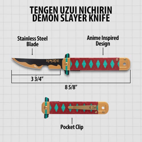 Diagram of anime-inspired knife with measurements and labels