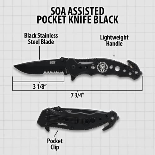 Diagram of black pocket knife with measurements and features