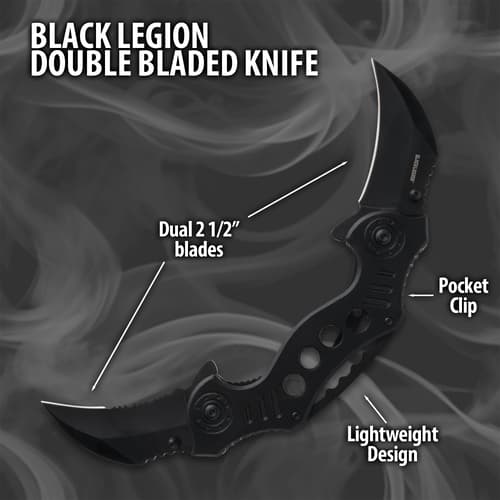 Black Legion double-bladed knife with labels on smoky background