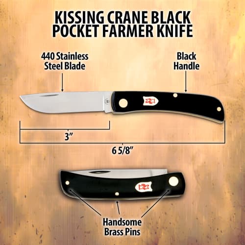 Kissing Crane Black Pocket Farmer Knife - Stainless Steel Blade, Synthetic Handle, Brass Liners
