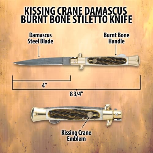 Kissing Crane Burnt Bone Stiletto Knife - Damascus Blade